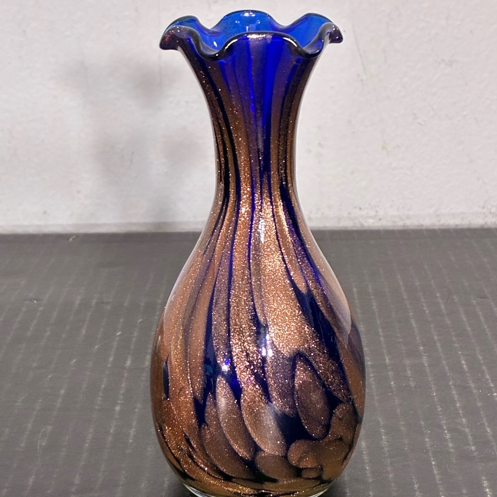 Cobalt Blue Vase with Gold Flakes ruffled edge